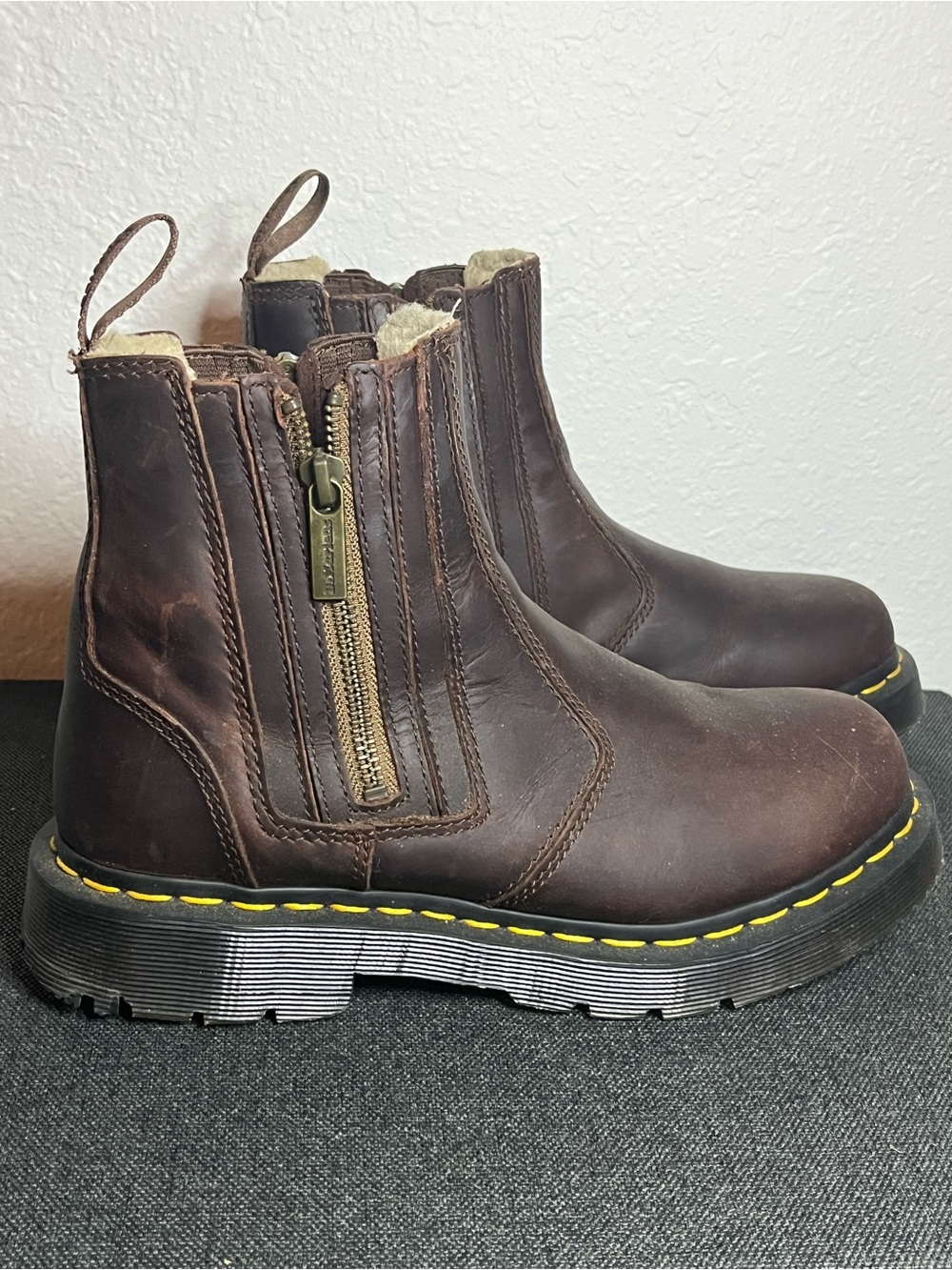 Dr. Martens Brown Leather Side-Zip Combat Boots with Yellow Stitching